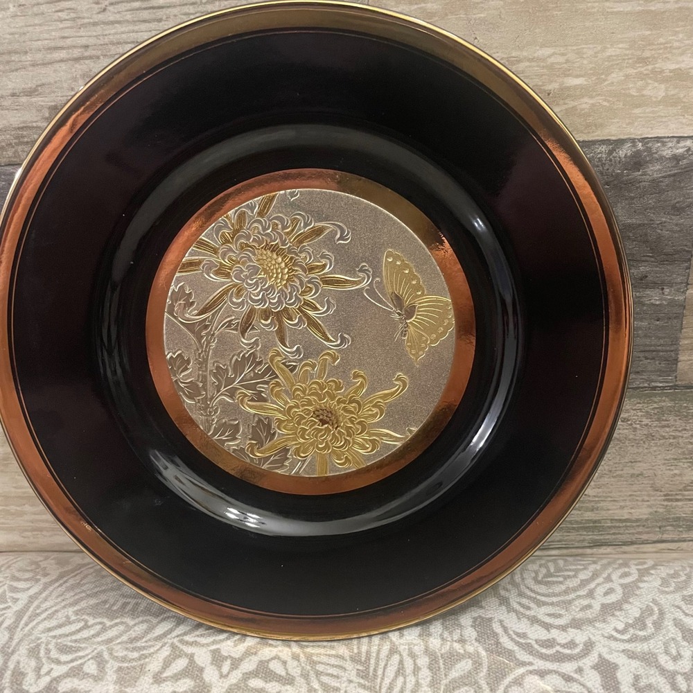 Chokin Art Plate Black Gold Chrysanthemum Butterfly Made in Japan San Pacific